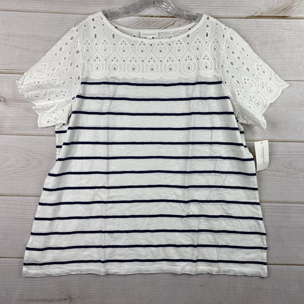 Charter Club Shirt Womens 3X Intrepid Blue Eyelet Striped Nautical Maritime Muse